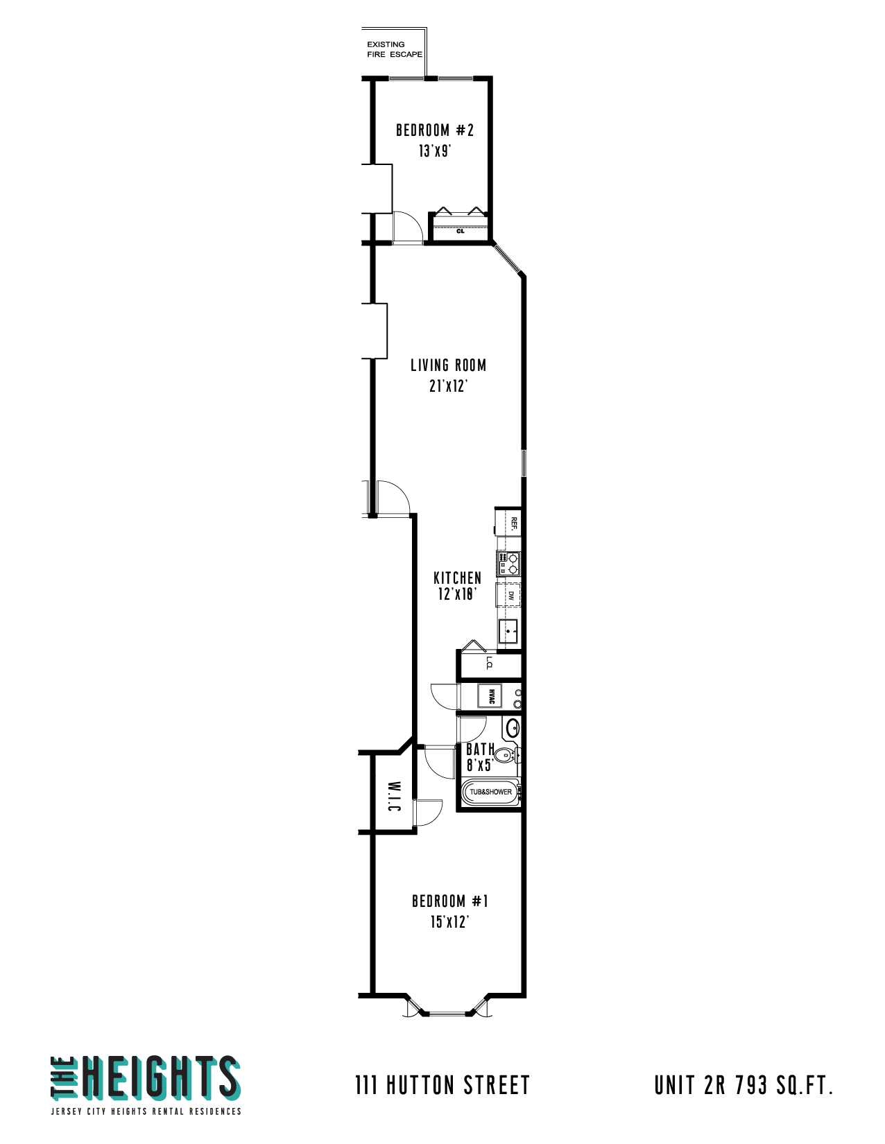 Floor plan for 2 beds, 1 bath, 793 sqft